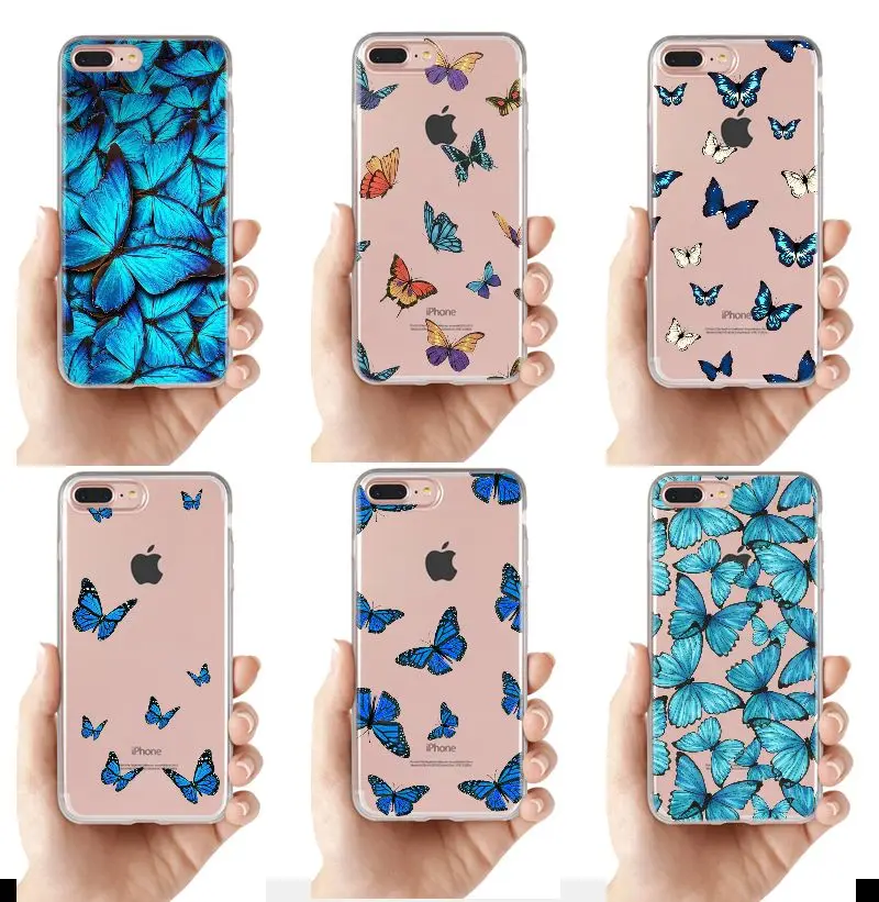 Красивый прозрачный чехол с голубым монарком и бабочкой для iPhone 11 12Pro Mini 6 7 8 Plus X MAX