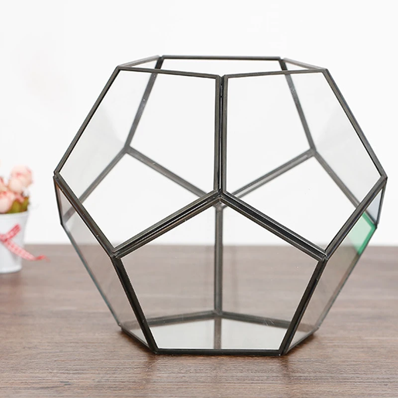 Black Glass Pentagon Geometric Terrarium Container Window Sill Decor Flower Pot Balcony Planter Diy Display Box