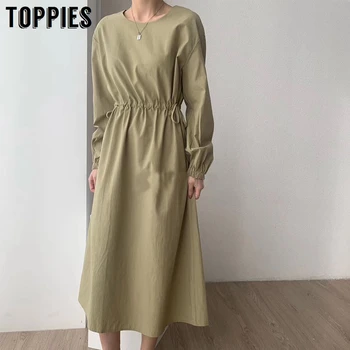 

2020 spring midi dress women korean fashion long sleeve summer dress elastic waist robe vestidos