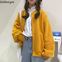 Женские толстовки, одноцветные, однобортные, на молнии, простые, с круглым вырезом, свободные, для женщин, s, толстые, с пышными рукавами, корейский стиль, универсальные, Kawaii, повседневные