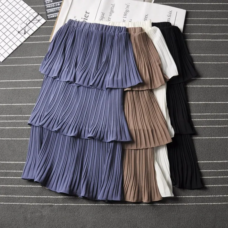 Летняя женская Милая тонкая юбка-торт, Женская однотонная плиссированная длинная юбка, женские элегантные юбки с высокой талией, Прямая поставка