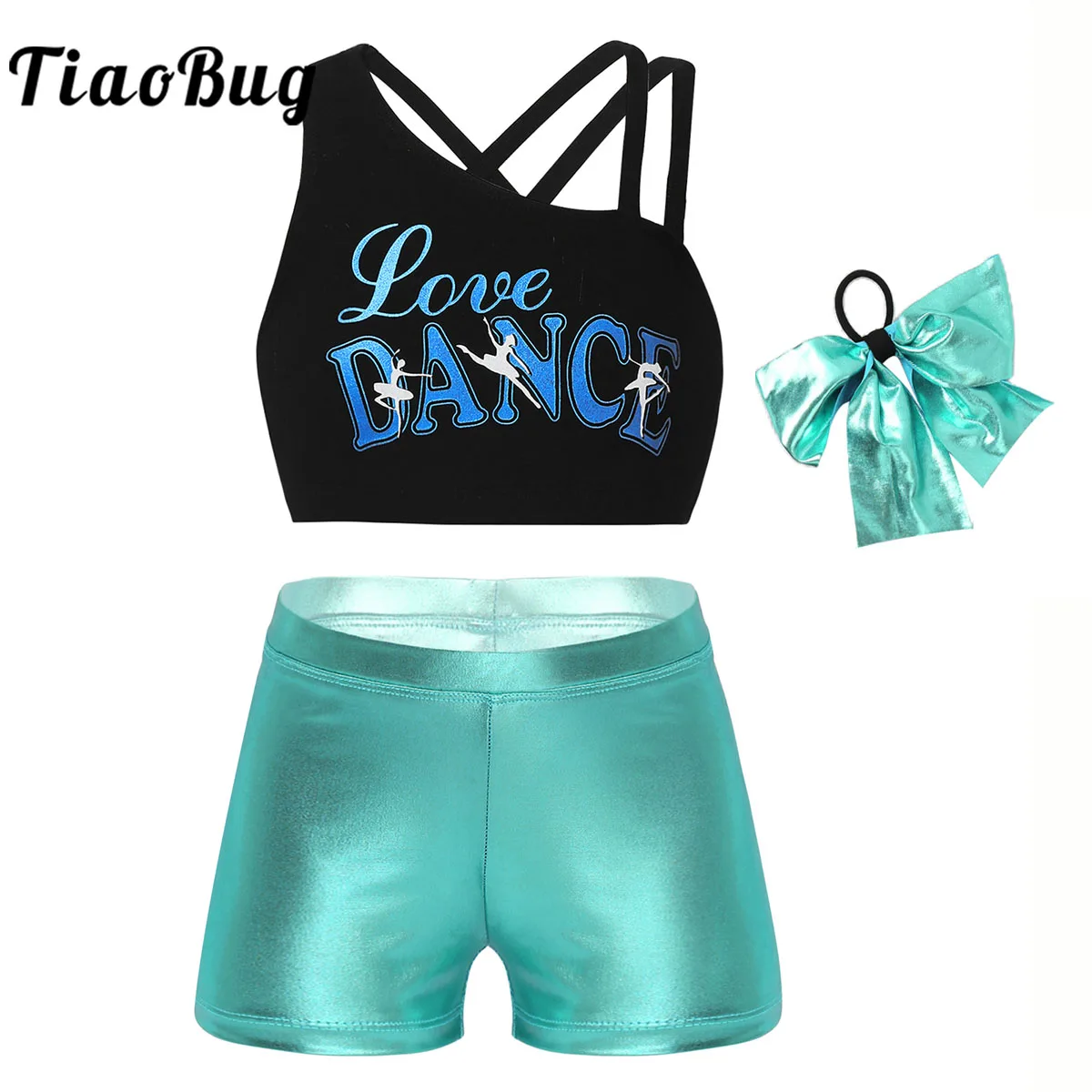 

Kids Girls Shiny Ballet Dance Sets Bronzing Gymnastics Workout Outfits Ballet Class Performance Tanks Crop Top With Shorts