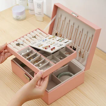 

New Double Layers PU/Velvet Jewellery Box Modern Jewelry Storage Organizer Large Capacity Portable Earring Holder Gift Packaging