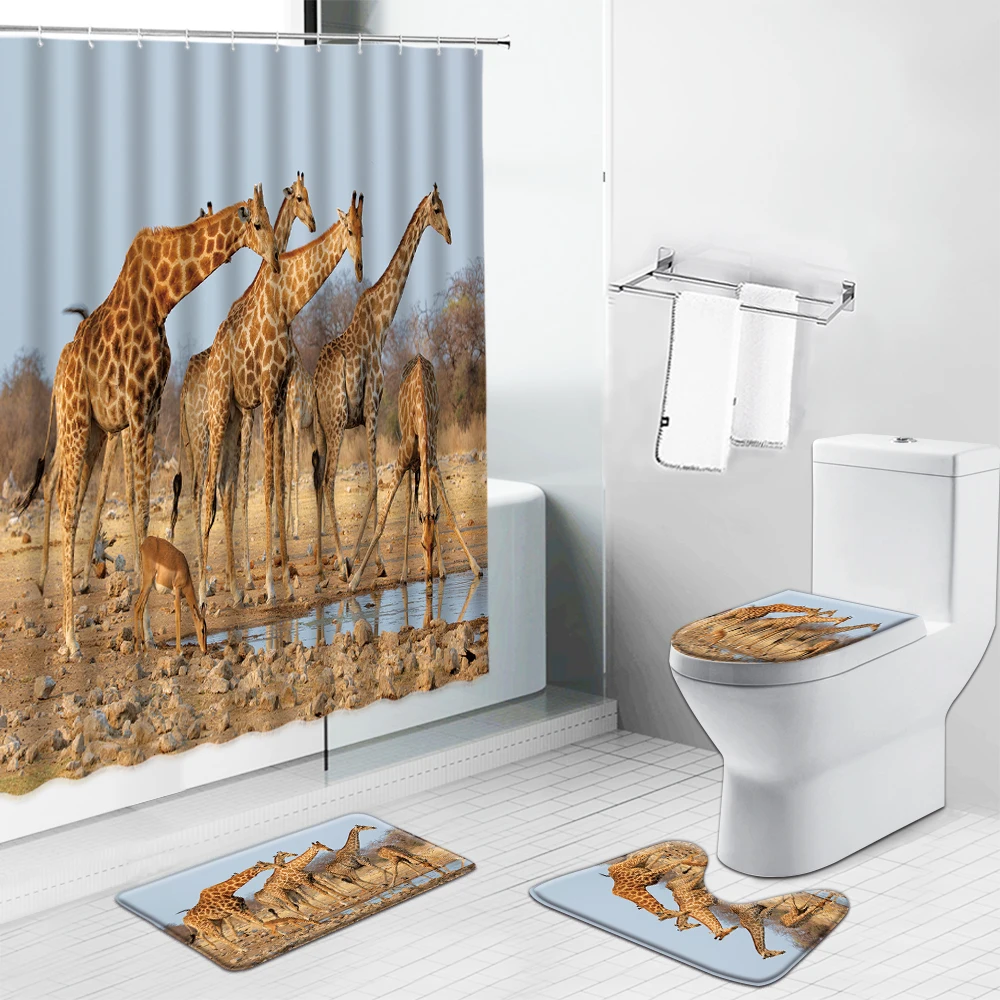 

Africa Animal Giraffe Shower Curtain Tiger Elephant Zebra Non Slip Carpets Toilet Lid Cover Rug Mat Cartoon Bathroom Curtain Set