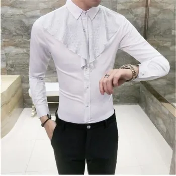 

Patch Ruffle Shirt Men 2018 Gothic Shirt Men Slim Fit Wedding Party Shirt Men Camisa Masculina Male Shirt Black White