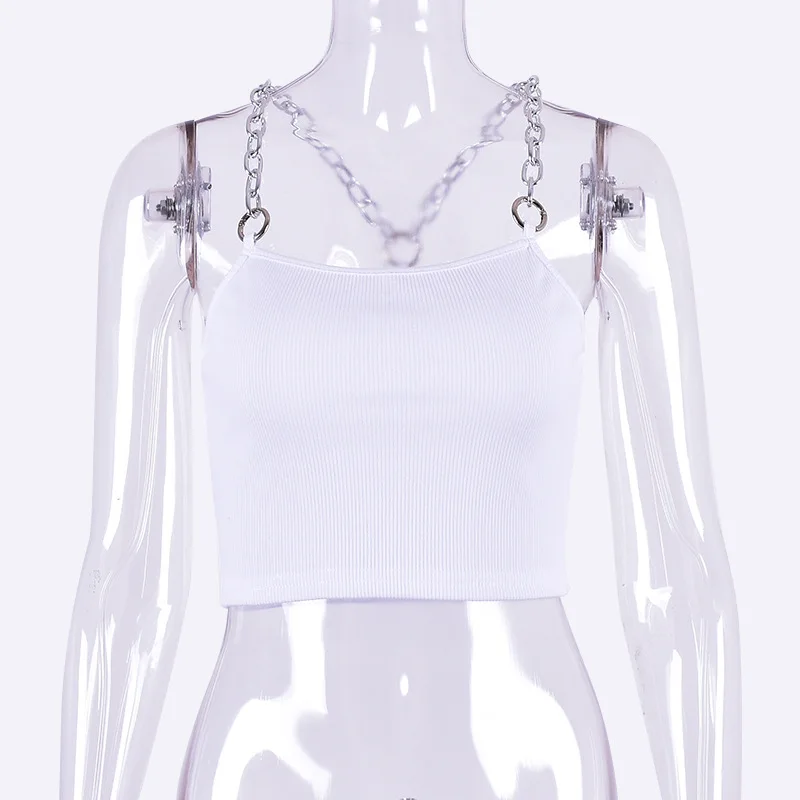 ArtSu Metal Chain Straps Sexy Cropped Tank Top Women 2020 Streetwear Club Crop Top Summer Vest Fashion Black White Green Tops