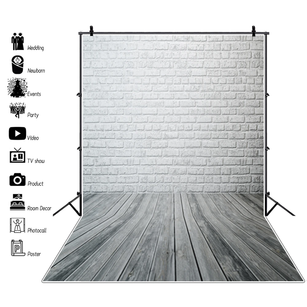 Photo Backdrop Grunge White Brick Wall Wooden Floor Photography Backgrounds For Baby Pet Doll Food Portrait