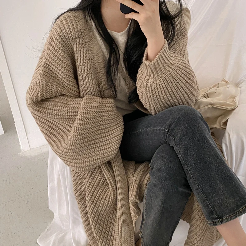 Sungtin Casual Long Knitted Cardigan Women Vintage Black Loose Sweater Coat Solid Oversized Jumper Outwear Autumn Winter 3 Color