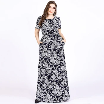 

2020 European and American large women's dress fat mm plus fat plus short sleeve retro printed high waist long