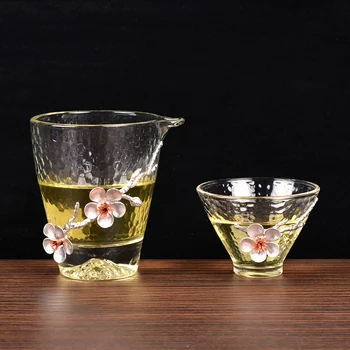 

Transparent Heat Resistant Glass Teacup Handmade Tin Plum Blossom Chinese Kung Fu Tea Set Coaster Chahai Gaiwan Teapot Fair Cup