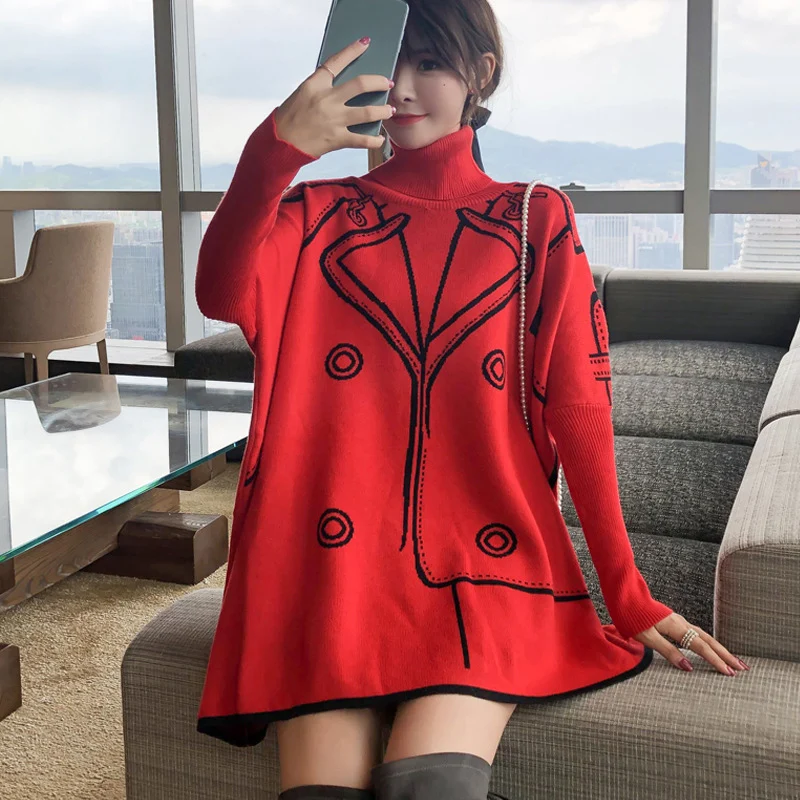 Black Pattern Oversized Turtleneck Pullover Sweater Women Autumn Winter 2025 Korean Fashion Batwing Sleeve Loose Knitted Sweater