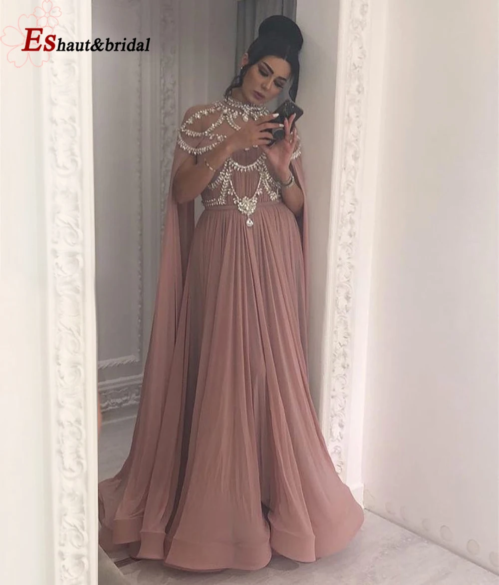 

2019 Dubai Aline Crystal Handmade Chiffon Evening dress High Neck Long Arabic Prom Formal Gowns