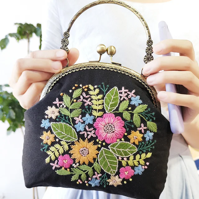 Portable DIY Embroidery Kit Flower Bag Purse Handbag Cross Stitch Kit for Beginner Needlework Sewing Art Craft Friend Gifts 1