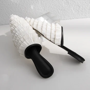 

Womens Pointed Toe Feather Fur Slipper Mules Low Heel Sandals Flip flops Furry Leather Luxury Shoes C437