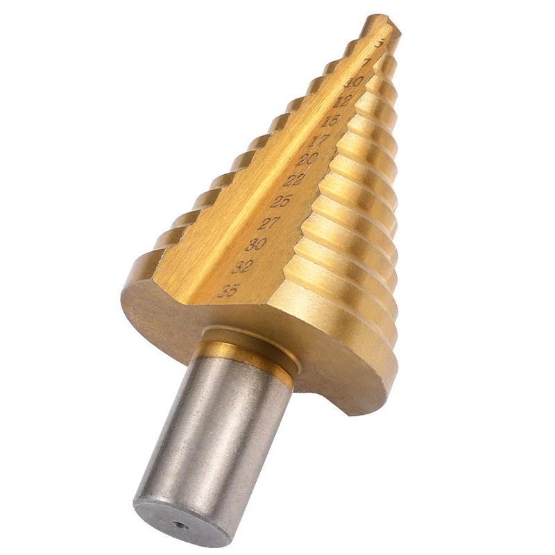 

EASY-5-35mm HSS Titanium Coated Step Drill Bit Drilling Fluted Edges Step Drill Bit Reamer Triple-cornered Shank Wood Metal Dril