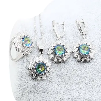 

Rainbow 925 Sterling Silver Jewelry Sets For Women White Topaz Purple Amethyst Bridal Jewelry Necklace Earrings Ring