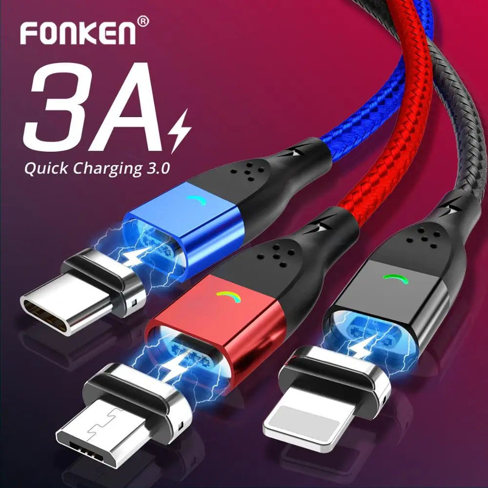 Магнитный кабель Micro USB Type C FONKEN, кабели для зарядки, магнитное зарядное устройство для iPhone, Samsung, Huawei, Xiaomi, быстрая зарядка