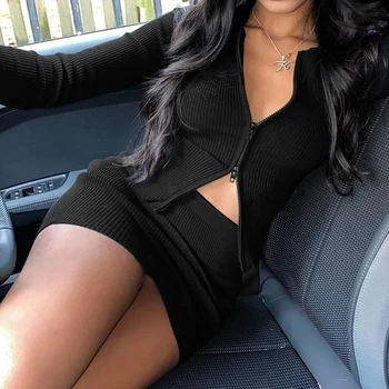 

2 Pieces Sets Outfits Women Sexy Party Casual Double Zipper Skirt Long Sleeve Crop Tops and Mini Skirt Clothes