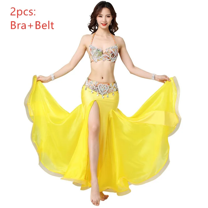 Yellow 2pcs Стиль, костюмы для танца живота, набор для восточных танцев, сексуальный раздельный элегантный женский костюм для танца живота, сценический костюм для танцев - Цвет: Yellow 2pcs