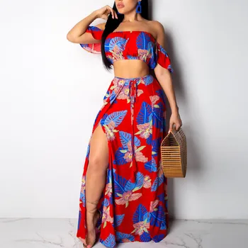 

Women Sexy Wrap Chest Floral Print Sleeveless Blouse Tops And Long Skirt Suit