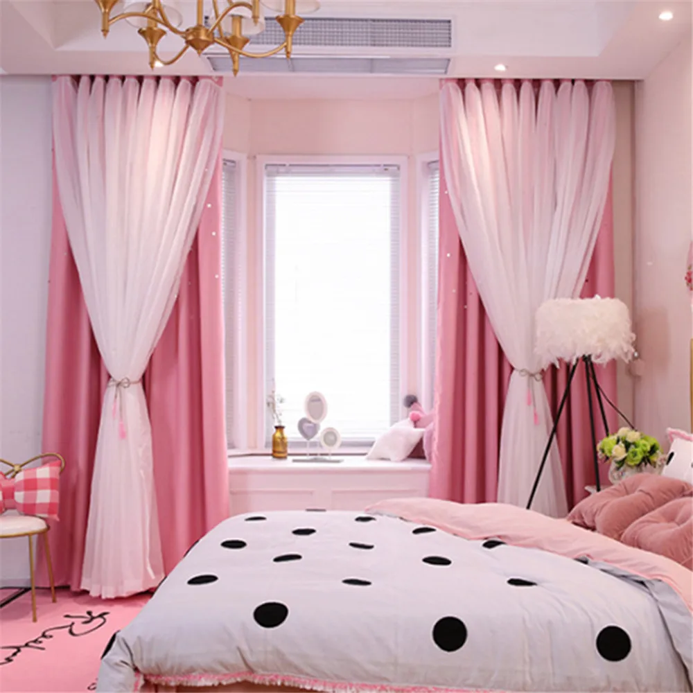Double Layer Stars Blackout Curtains Pink Tull For Kids Room Sheer Curtains for Living Room Girl