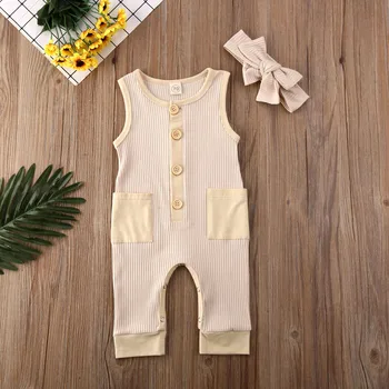 

Pudcoco Newborn Baby Girl Clothes Solid Color Sleeveless Button Pocket Knitted Cotton Romper Jumpsuit Headband 2Pcs Outfits Set