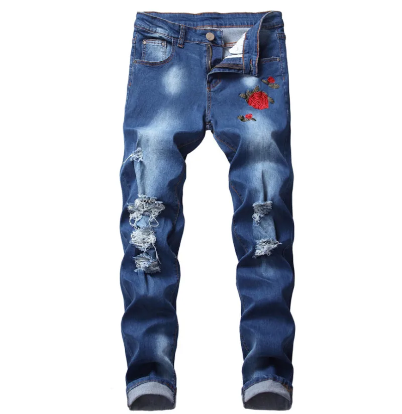

blue Ripped Jeans with Embroidery Men with Flowers Rose Embroidered Men's Denim Jeans Stretch Skinny Jeans Pants