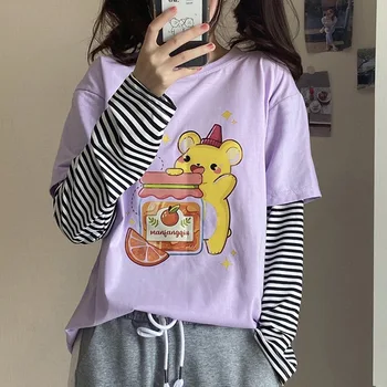 

L Thin Type for Spring and Autumn Mock Two-Piece Stripes Joint T-shirt