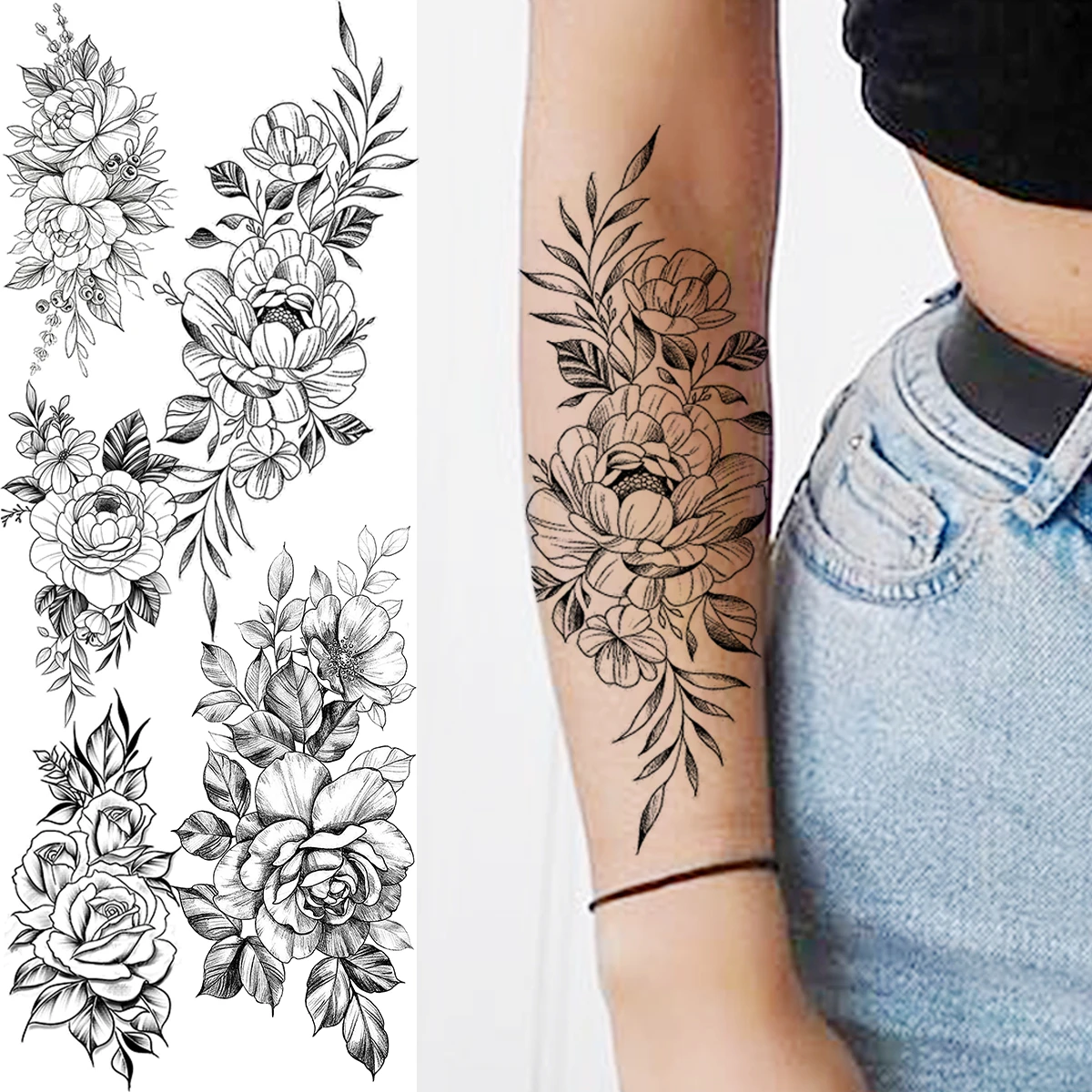 Tatouage Avant Bras Rose Femme Tatouages Temporaires Sexy pour Femme et Fille Adulte, Rose Noire, Avant  Bras, Pivoine, Nunlia, Faux Tatouage, Art Corporel, Décoration, Papier |  AliExpress