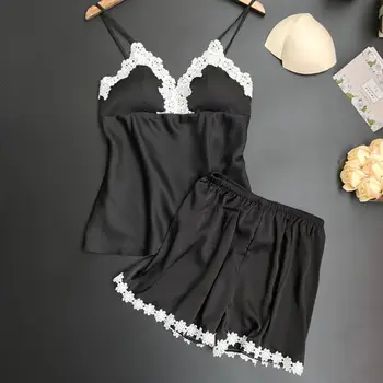 

Summer Pajama Cami Top + Shorts Female Set Women Lace Pajamas Set Spaghetti Strap Lace Sexy Pajama Set