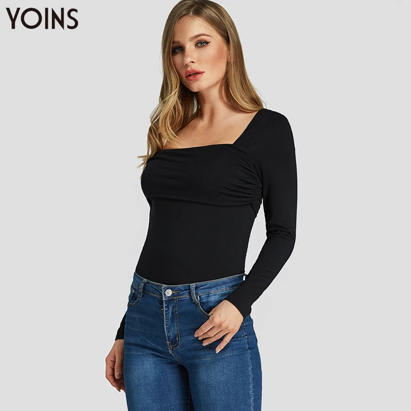 YOINS, женское стильное облегающее боди, Многоярусное, на одно плечо, с длинным рукавом, женское однотонное черное повседневное женское боди, элегантный топ