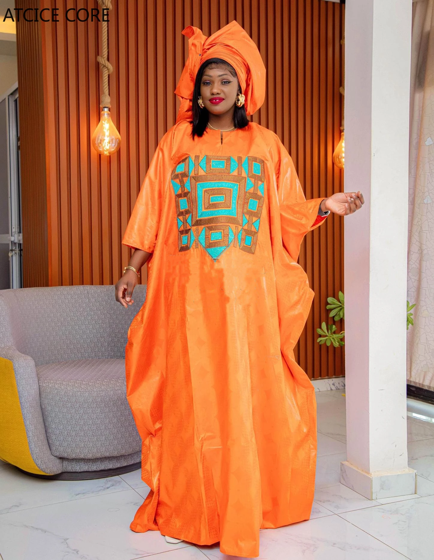 African Dress For Woman Bazin Riche Free Style Grand BouBou Embroidery Long Dress Plus Scarf Africa Clothing