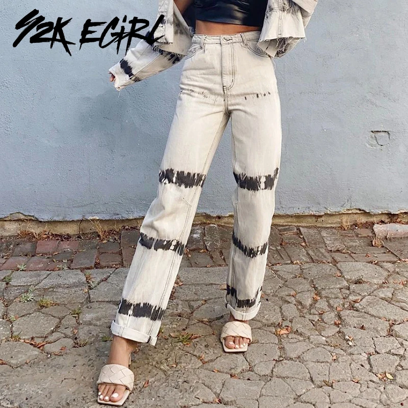 

Y2K EGIRL Indie Aesthetics Tie Dye Striped White Jeans 2000s Fashion Slim High Waist Long Jeans Autumn Vintage Straight Trousers