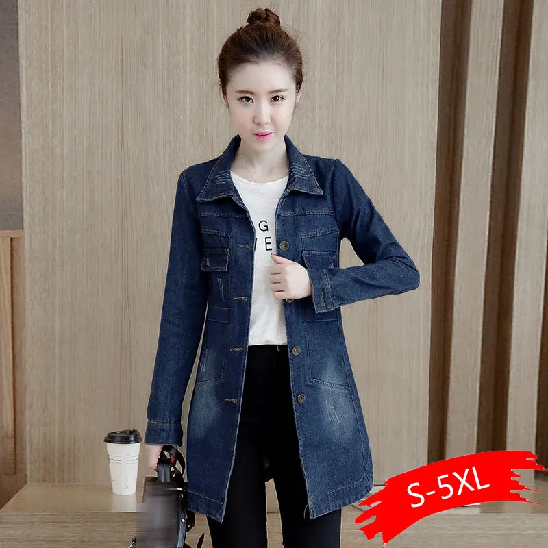 lower price  Autumn Winter Korean Denim Jacket Women Slim Long Base Coat Women's Frayed Navy Blue Plus size Jean
