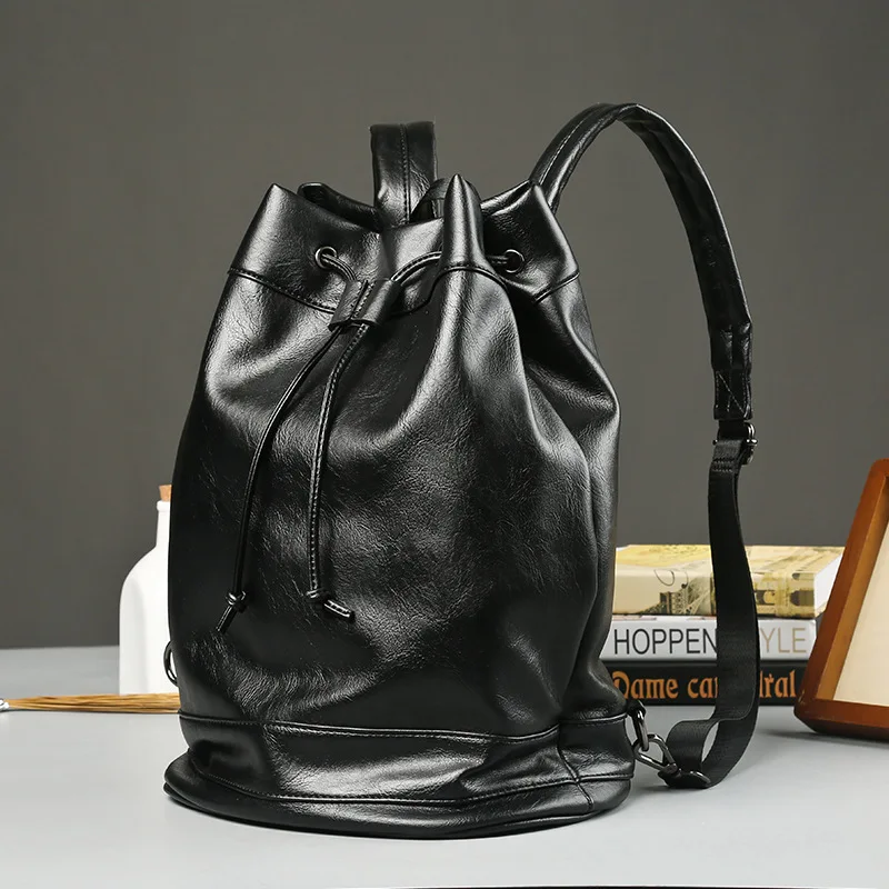

Male student backpack large capacity retro boys brand solid PU drawstring