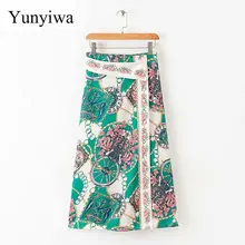 Новинка, Женская юбка миди в богемном стиле с принтом на цепочке, Faldas Mujer, Женская Повседневная шикарное лоскутное Брендовое платье с пуговицами