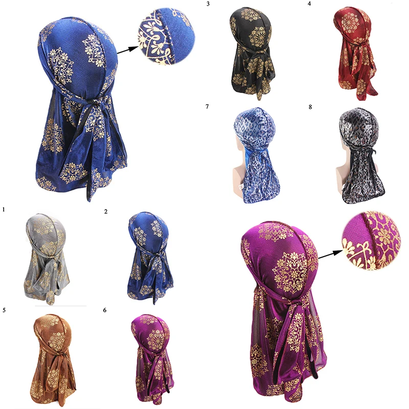

Colorful Sparkly Turban Bandanas headband Long Tail Caps Indian Bonnet Baotou Hat Men Headwear Hair Cover Hijab Caps Head Scarf
