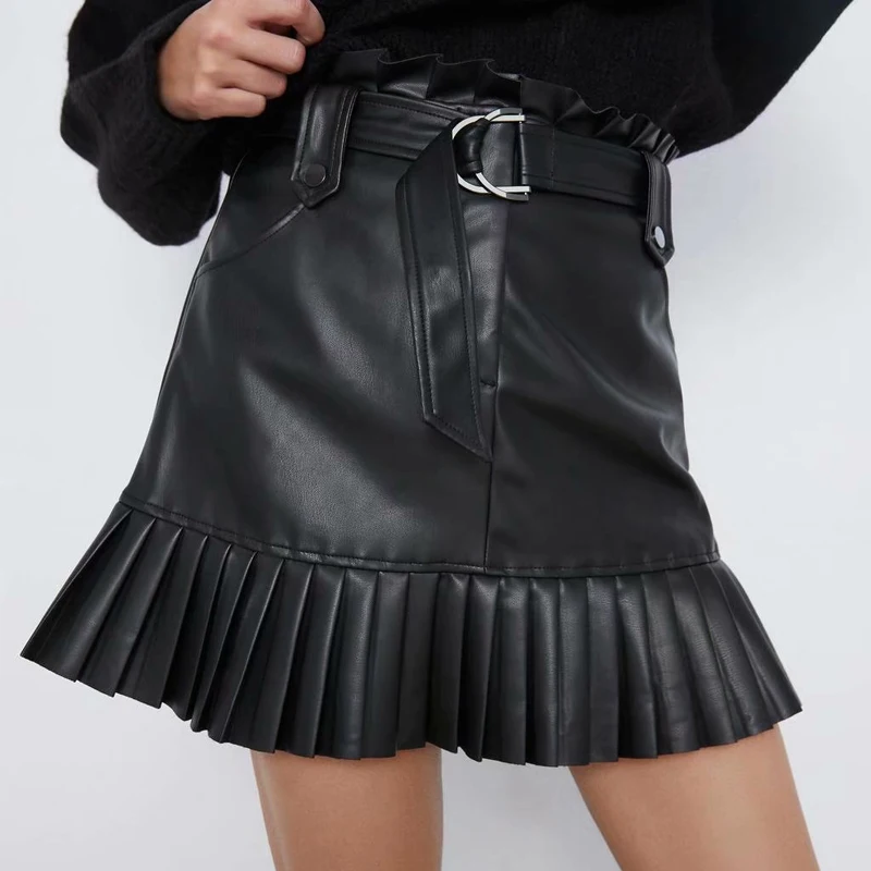 

RZIV Autumn female skirt casual solid color belt decorative pleated artificial mini pu leather skirt