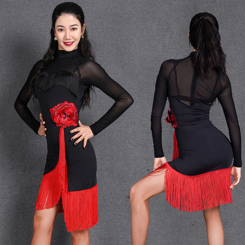 

Women Latin Dance Dress Female Adult Summer New Fringe Dress Net Yarn Stitching Practice Dress Latin Performance Dress DN9360