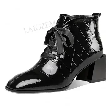 

LAIGZEM Genuine Leather Women Ankle Boots Shiny Block Heeled Boots 2021 Scarpe Donna Winter Ladies Shoes Woman Big Size 38 40 42
