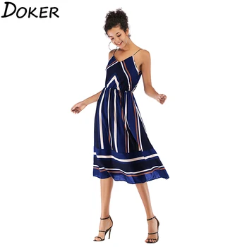 

2020 New Spaghetti Strap Striped Chiffon Dress Women V-neck Sleeveless Midi Dresses Female Summer Boho Printed Beach Dress