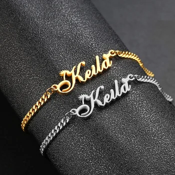 

Custom Name Bracelet Stainless Steel Charms Handmade Cuban Chain Personalized Crown Nameplate Women Bangle Any Font Engraved