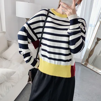 

Women Sweater 2019 New Yellow Round Neck Color Long Sleeve Fashion Loose Knitted Sweater