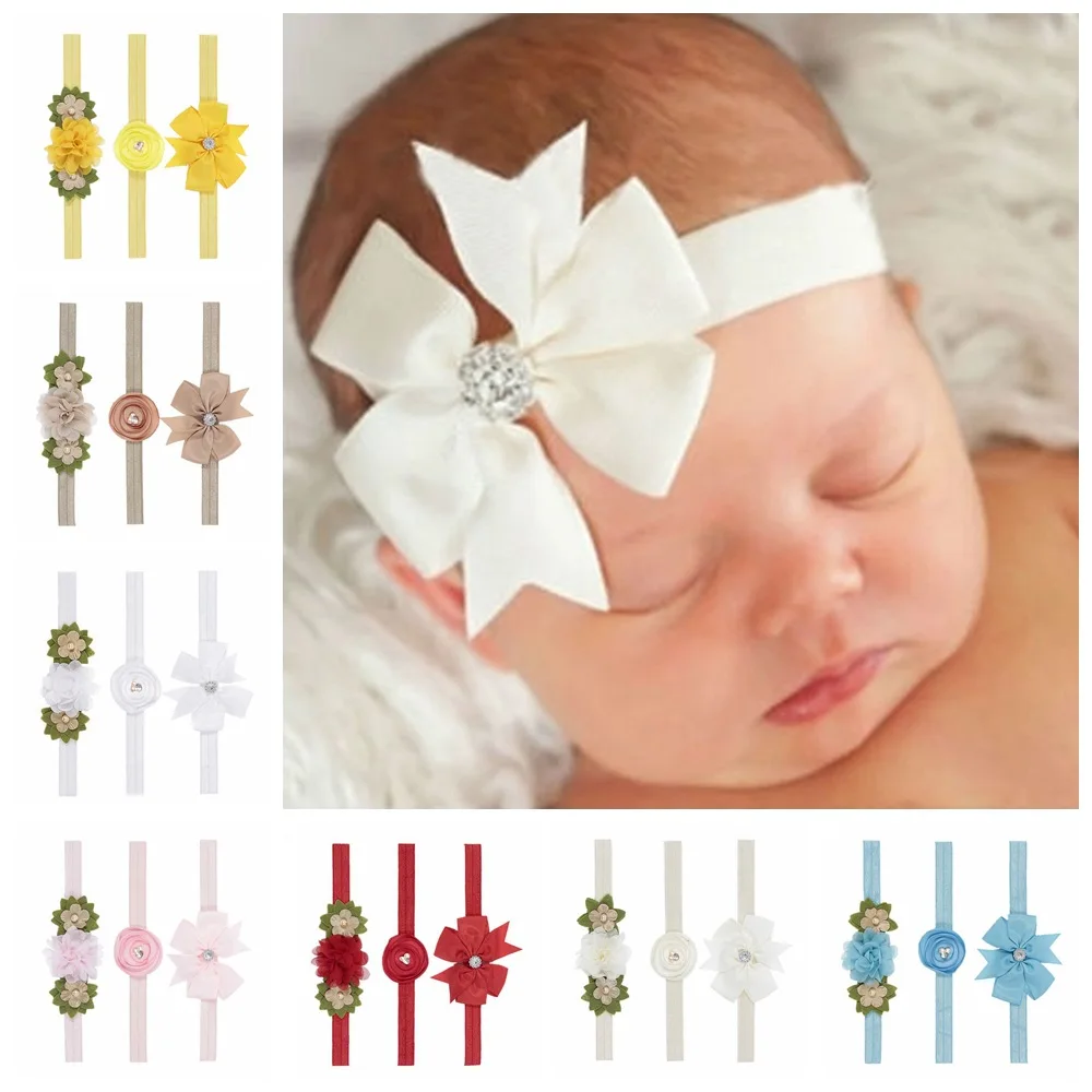 

New Style Children Newborns Printed Bow Leaf Burn Edge hua fa dai plus Drill Three-piece Set Hair Accessories Photo Shoot