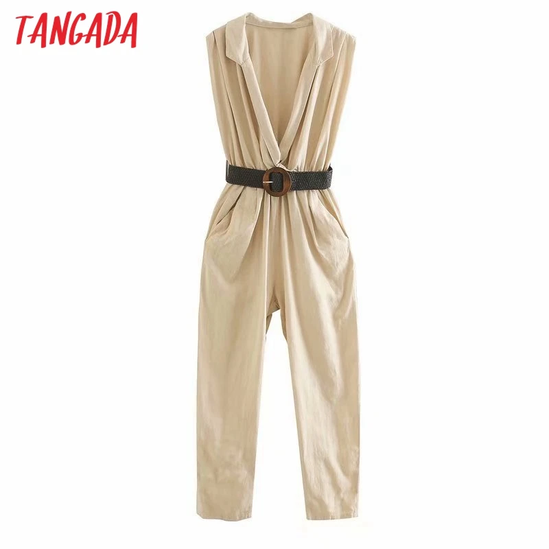Tangada Women summer cotton linen jumpsuit with belt Sleeveless pocket strethy waist female casual Jumpsuit 5Z198 Tangada Women summer cotton linen jumpsuit with belt Sleeveless pocket strethy waist female casual Jumpsuit 5Z198