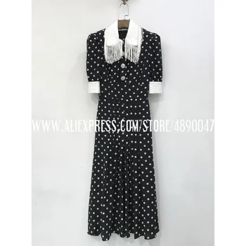 

2020 Summer Retro Elegant Evening Dress Polka Dot Long Skirt Silk Print High Quality Dress Crystal buckle embellishment dress