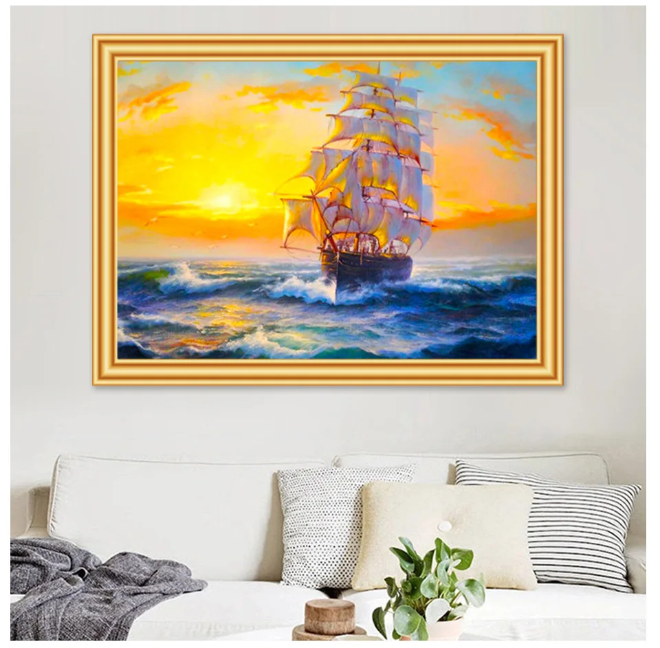 5D DIY Diamond Painting Landscape Sailboat Cross Stitch Kit Full Drill Embroidery Mosaic Art Picture of Rhinestones Home Decor