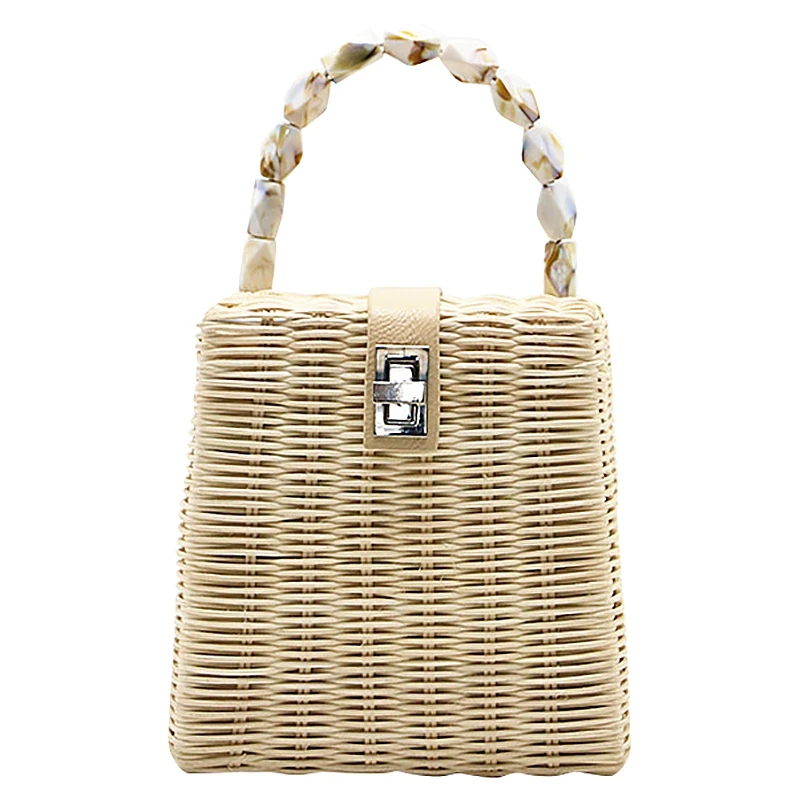 

ABZC-New Fashion Rattan Bag Leather Hardware Buckle Straw Bags Portable Bamboo Woven Bag Diagonal Beach Holiday Beach Bag White