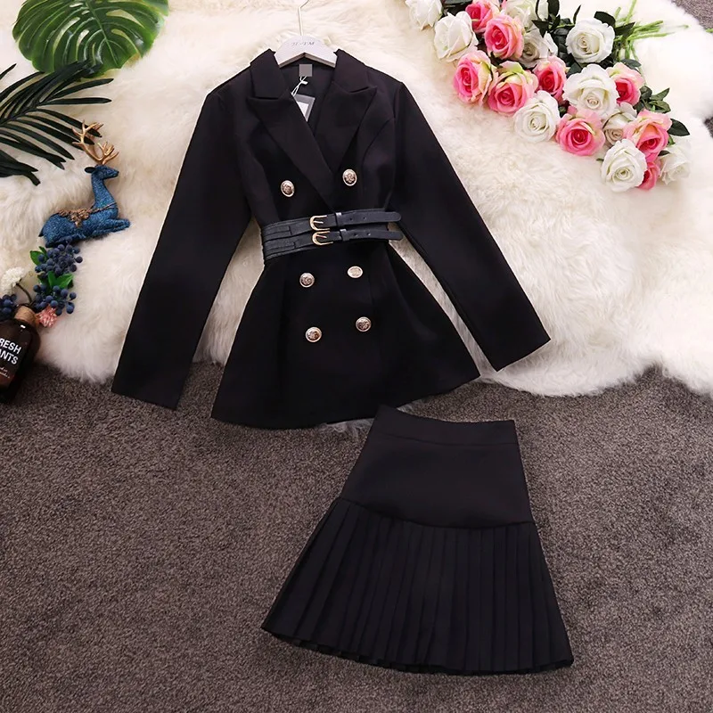 

2019 early autumn new OL temperament suit collar long-sleeved waist windbreaker jacket pleated skirt set High Street