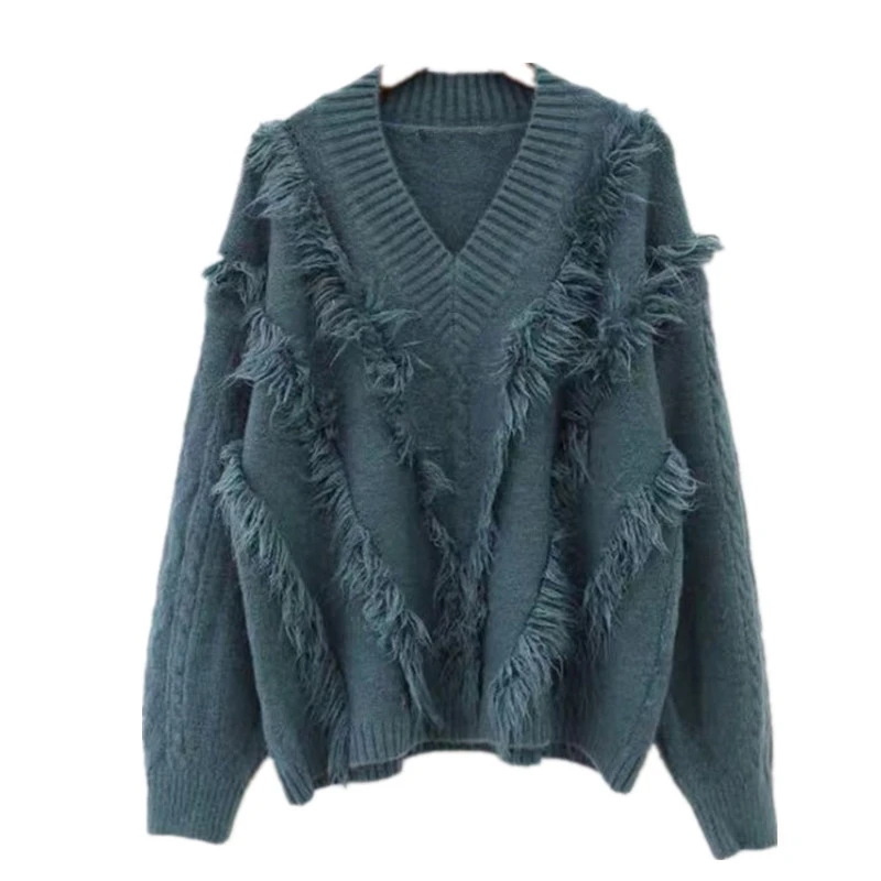 

V collar tassel knitting Bottoming shirt the loose pullover women short paragraph thick needle sweater coat women Sweater